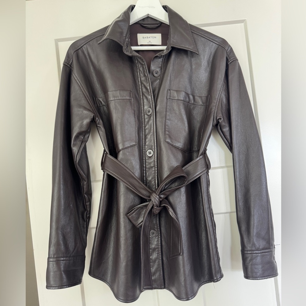 Babaton Chocolate Brown Faux Leather Belted Shirt Jacket